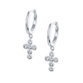 S925 sterling silver hoop earrings featuring sparkling zircon stone cross pendants - Silver Rhinestone Cross
