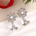 Silver snowflake earrings with rhinestones, artificial pearls, and bow bell charms - Pearl Bell Snowflake (EAR0058)