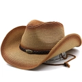 Chapeau de cow-boy en paille dégradé marron avec boucle en métal et cordon réglable - M (56-58cm) / Khaki Rouge Rouille Dégradé