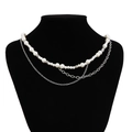 Close-up of double-layer men's necklace with white pearls and silver metal fringe chain - Silver