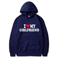 Navy blue I Love My Girlfriend hoodie with red heart print and kangaroo pocket - S / Tops / Navy Blue