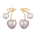 Elegant gold cherry stud earrings with pink shell pearls on a clean white background - Gold Lavender Cherry