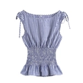 Ärmelloses Damen-Oberteil mit blau-weißem Karomuster, Wespentaille und Schößchen - XS / Blau
