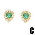 Elegant gold heart earrings with green zircon center stone and white diamond halo - Style C-Heart Green Zircon