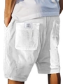 Detail view of white corduroy shorts for men featuring striped texture and back pocket label - S / Bottoms / White