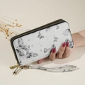 Cartera blanca con estampado de mariposa negra, cremallera doble y correa de muñeca extraíble - Negro