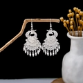 Silver peacock drop earrings with hollow ethnic pattern and bell tassels on a branch - Silver Long Hollow Peacock