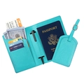 Tiffany blue cross-grain leather passport holder set with luggage tag and pen slot - Azure
