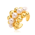 Detailed view of layered C-shaped ring featuring polished gold beads and white pearls - Pearl Ball Style / Gold