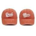 Close-up of Dad and Mom embroidered text on vintage washed cotton baseball caps - One Size / Orange