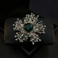 Close-up of a luxury emerald crystal brooch with sparkling rhinestones in a black jewelry box - Green Vintage Flower