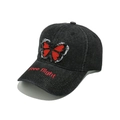 Detail of black denim baseball cap featuring red butterfly patch and Free flight embroidery - M (56-58cm) / Black