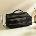 Large black mesh makeup bag with gold Girls Just Want to Have Fun embroidery and zipper - Black