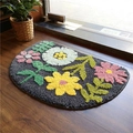 Semi-circle floral bath mat in dark grey with colorful tufted flowers on wood floor - Deep Grey Flowers and Trees