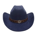 Dark blue western cowboy hat in faux suede with a studded brown leather band and medal - One Size / Navy Blue