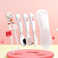 Kids stainless steel cutlery set with cartoon bear handles in red and white travel case - Pig Set (Spoon+Fork+Knife+Chopsticks+Box)