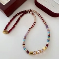 Multicolor natural stone beaded necklace with pink crystals and gold heart pendant - Agate Necklace XL0367