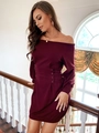Robe en maille côtelée bordeaux à épaules dénudées avec laçage latéral ajusté - S / Bordeaux