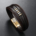 Mehrlagiges dunkelbraunes Lederarmband für Herren mit gold- und silberfarbenen Charms - Kaffeebraun