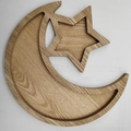 Moon and star shaped wooden serving tray with natural grain on white background - Natural Wood Moon Star
