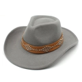 Detail shot of a grey wool felt cowboy hat featuring a brown studded leather band - M (56-58cm) / Gray
