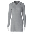 Close-up of grey knit dress featuring a polo collar, button placket, and ribbed texture - S / Gray