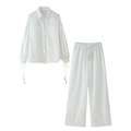 Completo casual donna in cotone e lino bianco con camicia a nappe e pantaloni - S / Bianco