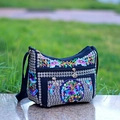 Ethnic navy canvas crossbody bag with purple flower embroidery and triple zipper - Money Tree Purple