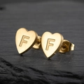 Minimalist gold heart stud earrings with letter F engraving and butterfly back - Letter F / Gold