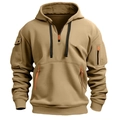 Men's khaki tactical hoodie with multi-pocket design and front zipper detailing - S / Khaki
