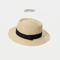 Beige boater straw hat with black ribbon, UPF50+ sun protection and high-density weave - Indented Fedora - Beige with Black Ribbon