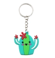 Close-up of cute green PVC cactus keychain with red flowers and silver metal ring - Cactus Style