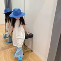 Kids summer straw hat and outfit set featuring white sleeveless top and blue jeans - Royal Blue