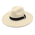 Beige wide brim wool felt jazz hat with black woven band and white beaded trim - M (56-58cm) / Beige