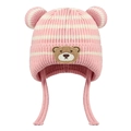 Pink and white striped knit baby hat with bear ears and chin straps for winter warmth - One Size / Pink