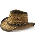 Western straw cowboy hat with hollow weave and brown gradient finish for sun protection - M (56-58cm) / Khaki Black Gradient Style