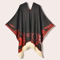 Red and black patterned women's winter poncho shawl with cream fringe tassels on white background - 130x150cm / Pullover Poncho Origin Black Red