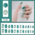 Dark green and marble pattern press-on nails with gold foil in square-oval shape - Dark Green Solid Marble Pattern Style (Y-21) / Glue Type