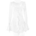 Vestido blanco de manga larga con cuello en V, volantes y detalles de lazo para mujer - L / Blanco