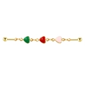 Golden industrial barbell earring featuring green, red and pink enamel heart charms - Colored Heart Style (24042701-1)