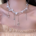 Baroque pearl necklace with silver star pendants and rhinestone tassel for women - 5703714174764 / Four-Pointed Star Tassel Pearl Necklace (X4178) / Silver