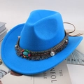 Blue felt western cowboy hat with turquoise ethnic beaded band and fringe details - Ethnic Style / Sky Blue