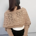 Camel cable knit long shawl scarf with hollow pattern and long sleeves for women - Hollow Long Shawl / Khaki