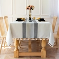 Waterproof rectangular linen tablecloth in beige grey with stripes and white tassels - 90*90cm / White Space Grey Stripes (Waterproof Tassel)