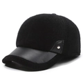 Thick warm winter baseball cap for men in black faux fur and matte leather details - Adjustable / Black