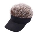 Detail of creative visor hat featuring synthetic brown wig hair on black cotton fabric - Black With Brown Hair