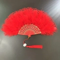 Elegant red feather folding fan with gold patterned ribs and red tassel detail - Double-sided Lace Feather Fan Red