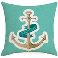 Detail of teal linen pillow cover featuring a beige nautical anchor print and textile texture - Style YD502-2 (Nautical Anchor) / 45*45cm (No Insert)