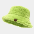 Detail of faux fur bucket hat in neon green with a brown snowflake leather patch - One Size / Yellow-Green