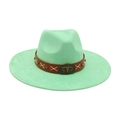 Mint green wide brim fedora hat with vintage bull skull leather band accessory - Mint Green